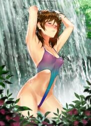 1girls ahoge belly_chain blush brooke_(mathias_leth) brown_hair closed_eyes covered_nipples female freckles highleg highleg_swimsuit mathias_leth medium_breasts micro_swimsuit one-piece_swimsuit original paid_reward_available solo swimsuit waterfall wet wet_hair