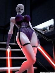 3d asajj_ventress bald bald_female big_breasts bodysuit breasts breasts breasts daz3d daz_studio eye_contact female garter_belt garter_straps gloves green_eyes harness hips indoors jackgb lace lace_lingerie leather_harness legs lightsaber lingerie lingerie_only no_sex pale-skinned_female pale_skin parody posing posing_for_the_viewer seductive seductive_eyes seductive_look seductive_pose seductive_smile smile solo solo_female stairway standing star_wars tattoo tattoo_on_face thighs viewed_from_below waist white_skin