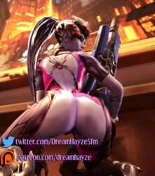 3d ass blizzard_entertainment bodysuit dreamhayzesfm exposed_pussy gun high_heels high_resolution huge_ass large_filesize latex looking_at_viewer looking_back looking_down overwatch painting_(object) patreon ponytail purple_skin pussy rifle shoes source_filmmaker squatting thick_lips tied_hair torn_clothes vase weapon widowmaker