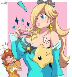 ! 2girls blonde_hair blue_dress blue_eyes blush breasts brown_hair cleavage crown dress earrings female flower_earrings gloves karbuitt large_breasts long_hair luma mario_(series) nintendo open_mouth orange_dress princess_daisy princess_rosalina purple_nails short_hair super_mario_galaxy wand white_border white_gloves