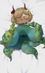 5:8 anus bed bedding bedding_background blush brown_body brown_fur capcom censored censored_anus embarrassed felid felyne fur furniture hi_res humor japanese_text lying lynian male mammal monster_hunter mosaic_censorship on_back solo tentacle text tokumori_kaisen wig