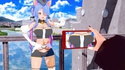 1girls 3d ambiguous_gender big_breasts black_nails blue_hair breasts breasts_focus bridge camera cat_ears catgirl city city_background cityscape cleavage deluxe_rosie elbow_gloves female gloves holding_phone indie_virtual_youtuber light_skin long_hair multicolored_hair navel open_mouth outdoors peace_sign phone pink_hair pirate_hat pov river rosie_(vtuber) short_shorts smile standing tan-skinned_female tan_body tan_skin thighhighs thighs thin_waist tongue v_sign virtual_youtuber yellow_eyes