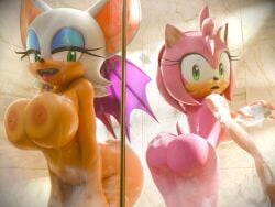 2girls akkonsfw amy_rose anthro anthro_only anthropomorphic artist_name artist_signature ass boob_squish breasts_against_glass breasts_out casual casual_exposure casual_nudity fangs female female_focus female_only green_eyes nude nude_female reference rouge_the_bat sega shower showering soap soap_bubbles sonic_(series) tail tongue tongue_out wings