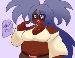 belly belly_button big_breasts breasts chubby chubby_female daisykitty96 dark-skinned_female dialogue glasses mau_(daisykitty96) speech_bubble tooth_gap