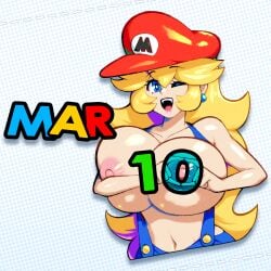 1girls big_breasts blonde_hair blue_eyes breasts busty cleavage cosplay female female_only huge_breasts large_breasts legs long_hair looking_at_viewer mar10_day mario_(cosplay) mario_(series) nintendo nlindustries overalls pose posing princess princess_peach red_lips super_mario_bros. thick_thighs thighs voluptuous