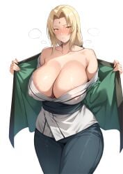 absurdres blonde_hair breasts brown_eyes cleavage closed_mouth collarbone covered_erect_nipples facial_mark female forehead_mark green_haori grey_kimono haori highres huge_breasts japanese_clothes kimono long_hair looking_at_viewer low_twintails mature_female naruto naruto_(series) naruto_shippuuden no_bra obi off_shoulder pants parted_bangs parted_lips ranhatu sash short_kimono simple_background solo steaming_body thighs tsunade twintails undressing white_background wide_hips