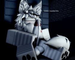 1boy 3d alone blush bsky_link dialogue english_text femboy furry jerking male male_masturbation male_only masturbation mermio mermio_(oc) penis precum precum_drip roblox robloxian sitting solo tail text white_body white_fur white_hair wolf wolf_ears