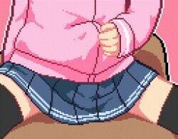 1girls animated belly_bulge clothed clothed_sex cowgirl_position cum cum_in_pussy cum_inside cute gif pixel_animation pixel_art qswan riding skirt stealth_sex