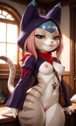 ai_generated anthro arched_back cat_ears cat_tail catgirl chronoai feline feline furry looking_at_viewer midriff monster_hunter perfect_body pussy seductive seductive_look shortstack small_breasts small_waist thick thick_thighs tsukino_(monster_hunter_stories) uncensored