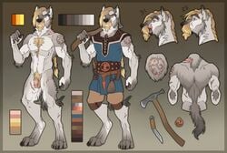 anthro anthro_only axe belt blonde_hair canid canine canis celtic clothing domestic_dog fur hair hi_res invalid_tag jewelry kahito-slydeft knife male male_only mammal melee_weapon model_sheet nude off/on scar solo weapon wolfhound