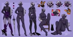 breasts dark-skinned_female dark_skin dnd dnd_character drow feet female pubic_hair reference_sheet sword white_hair wine_glass