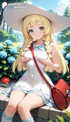 1girls 2026 ai_assisted ai_generated anime artist_name backpack bag bangs blonde_hair blue_flower blue_ribbon blue_rose braid breast_grab collared_dress dress duffel_bag explicit flower grabbing grabbing_own_breast green_eyes handbag hat hi_res high_quality high_resolution highres holding_strap hydrangea kneehighs lillie_(pokemon) long_hair patreon patreon_username pink_rose poke_ball poke_ball_theme pokemon pokemon_(creature) red_rose rose self_fondle shoulder_bag sitting skypassion sleeveless sleeveless_dress stable_diffusion sun_hat twin_braids watermark white_headwear white_rose