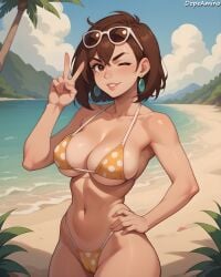 1female ai_generated ayase_momo beach bikini brown_eyes brown_hair cameltoe covered_breasts covered_nipples dandadan dopeamino earrings female female female_focus girl hand_on_hip large_breasts lips looking_at_viewer medium_hair navel one_eye_closed outdoors peace_sign polka_dot_bikini seductive seductive_look sexy smile solo standing teeth thighs thong_bikini wink winking_at_viewer young_female