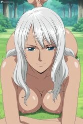1girl ai_generated anime_coloring ass barefoot blue_eyes breasts closed_mouth collarbone completely_nude dark-skinned_female dark_skin digitalwaifugallery grass hi_res high_quality high_resolution large_breasts long_hair looking_at_viewer lying nature nico_olvia nipples nude on_stomach one_piece outdoors patreon seductive sexy smile solo the_pose tree uncensored watermark white_hair