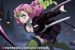 1girl ai ai_art ai_generated belt black_jacket black_skirt braid breasts cleavage clenched_teeth collared_shirt demon_slayer_uniform gradient_hair green_eyes green_hair green_thighhighs holding holding_weapon jacket kanroji_mitsuri kimetsu_no_yaiba large_breasts long_hair long_sleeves miniskirt mole mole_under_each_eye mole_under_eye multicolored_hair multiple_braids multiple_moles partially_unbuttoned pink_hair pleated_skirt ribbed_legwear ribbed_thighhighs running sheath shirt skirt solo sword teeth thighhighs torn_clothes tri_braids two-tone_hair weapon whip_sword white_belt zettai_ryouiki