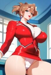 1girls 2d agent_aika ai_generated aika_(series) aika_sumeragi big_breasts business_suit clothing female female_focus female_only indoors large_breasts pantyshot pencil_skirt red_suit short_skirt skirt solo solo_female solo_focus suit tagme white_panties