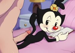 1boy 1girls adult age_difference animaniacs anthro ass balls bed blush book cub dot_warner female gloves hi_res human human_on_anthro male male/female minum nude older_male penis pillow pussy sex warner_brothers young younger_female