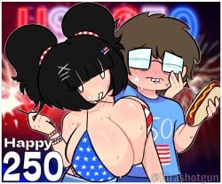 1boy 1boy1girl 1girls 2d 2d_(artwork) 2d_artwork 4th_of_july american_flag american_flag_bikini american_flag_bikini_top artist_name asian asian_bimbo asian_female big_breasts black_hair blush blushing blushing_male breasts breasts_bigger_than_head cleavage color cute cute_face cute_female cute_girl digital_drawing digital_media digital_media_(artwork) face_paint fireworks glasses hira.shotgun holding holding_object hot_dog huge_breasts kimchi_(hira.shotgun) large_breasts light-skinned_female light_skin nerd nerdy_male short_hair twintails