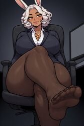ai_generated big_thighs business_suit curly_hair dark-skinned_female dark_skin feet feet_fetish feet_focus huge_breasts mature_female milf pantyhose perchance_ai rabbit_ears rabbit_girl seductive_look short_hair silver_hair voluptuous