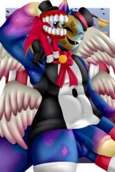 absurd_res caine_(tadc) clothed clothing glacialpain glitch_productions hi_res humanoid male maydendressup tail teeth the_amazing_digital_circus tooth_creature wings