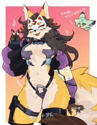 1girls anthro belial43157741 black_hair canid canine female female_only fox fur furry furry_tail jacket japanese_text kemono long_hair looking_at_viewer mammal mask masked_fox_(kame_3) narrowed_eyes open_mouth pawpads smiling smiling_at_viewer solo tail thick_thighs v_sign very_high_resolution yellow_fur