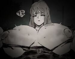 1girl blush breasts embarrassed ghostfacik huge_breasts lineart military_uniform monochrome nsfw roblox roblox_game serious_face shion_(the_mimic) sketch solo sweat sweaty the_mimic torn_clothes torn_uniform traditional_media