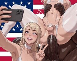 4th_of_july american_flag anal anal_orgasm bikini black_penis blonde_hair blue_eyes chastity_cage choker cumming_in_chastity dark-skinned_male female_watching feminine_male feminization flat_chastity_cage hands_on_waist handsfree_ejaculation large_ass large_penis light-skinned_female light-skinned_femboy panties_aside peace_sign recording_on_phone reverse_cowgirl_position riding selfie selfie_pose sissy size_difference smiling stockings thick_thighs white_bikini white_stockings