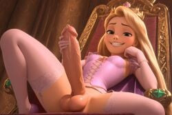 1girl ai ai_art ai_generated biting_own_lip blonde_hair bottomless breasts chair corset crown disney elbow_gloves erection futanari futanari_masturbation garter_straps gloves green_eyes grin head_rest high_heels huge_penis indoors lace-trimmed_legwear large_penis large_testicles long_hair looking_at_viewer masturbation penis pink_thighhighs precum purple_footwear sitting small_breasts smile solo spread_legs teeth testicles thighhighs throne uncensored veins veiny_penis white_gloves white_thighhighs