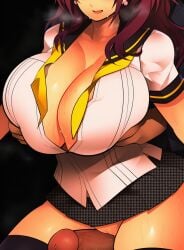 1boy 1boy1girl 1girls ai_generated atlus before_sex big_breasts blush breast_grab breasts breasts_bigger_than_head brown_hair busty cleavage clothed_female clothing cupping_breasts female female_focus imminent_sex kujikawa_rise large_penis penis penis_between_thighs penis_on_pussy persona persona_4 pussy school_uniform skirt steam sweat sweatdrop sweating thick_thighs thighhighs thighjob thighs twintails