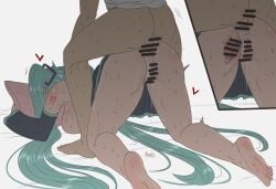 1boy 1girls anal anal_sex ass blue_hair breasts female fuzzlogik hatsune_miku male penetration penis pillow pillow_grab pillow_hug pussy sex sweat twintails vocaloid