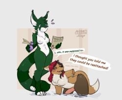 2026 absurd_res ailurid all_fours amputee anthro anthromage breasts canid canine claws dialogue digital_media_(artwork) disability duo english_text eolas_(dogsrnice) female fox fur genitals green_body green_fur gynomorph hair hi_res inanimate_transformation intersex mammal nipples nude penis petrification quadruple_amputee red_hair red_panda simple_background surprised tail text transformation