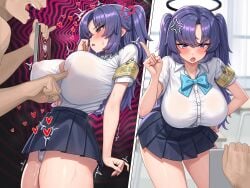 !? 1boy 1girls absurdres anger_vein aqua_bow aqua_bowtie black_skirt blue_archive blush bow bowtie breasts button_gap buttons commentary_request covered_erect_nipples female hairband halo heart hetero highres huge_breasts hypnosis long_hair looking_at_viewer male mechanical_halo mind_control mizikayo nipple_stimulation nipple_tweak nipple_tweak_through_clothes no_bra no_bra_under_clothes panties pantyshot paperclip pleated_skirt purple_eyes purple_hair shirt short_sleeves skirt thick_thighs thighs two_side_up underwear white_panties white_shirt yellow_hairband yuuka_(blue_archive)