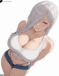 1girl 1girls ai_generated armpit_crease arms_behind_back bare_shoulders black_panties black_tank_top braid breast_focus breasts cleavage closed_mouth collarbone crop_top denim_shorts from_above hair_behind_ear hair_over_one_eye hi_res high_quality high_resolution highres jujutsu_kaisen large_breasts legs_together light light_smile lips long_hair looking_at_viewer mei_mei_(jujutsu_kaisen) midriff naughty_face navel nose one_eye_covered opal_nemy open_clothes open_shorts panties panty_peek partially_unbuttoned patreon_logo patreon_url patreon_username plain_background purple_eyes self_upload shadow shiny shiny_hair shiny_skin short_shorts shorts simple_background sleeveless solo standing tank_top thighs watermark white_background white_hair