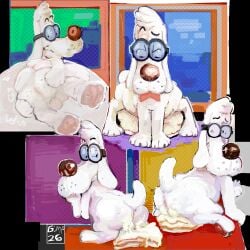 1:1 2026 3_toes absurd_res anthro anus artist_name beagle butt cake cake_sitting canid canine canis claws dessert digital_drawing_(artwork) digital_media_(artwork) digitigrade domestic_dog eyebrows eyewear feet food food_fetish food_play frosting frosting_on_butt glass glasses guddlegump hand_on_chin hi_res hunting_dog jay_ward_productions looking_back male mammal mr._peabody mr._peabody_and_sherman multiple_scenes nervous nervous_smile nude pawpads presenting presenting_anus presenting_hindquarters scent_hound sitting solo sprinkles text toe_claws toes wearing_glasses