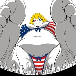1girls american_flag_bikini artist_request bbw belly big_belly big_breasts bikin blonde_hair breasts city fat feet female female_only giantess light-skinned_female light_skin looking_at_viewer macro overweight solo thick_thighs white_background