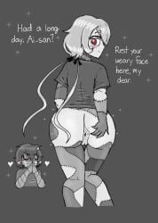 anus_peek ass_focus bandages crocodilianbooty english_text imminent_facesitting konno_junko looking looking_back mizuno_ai monochrome patchwork_skin sparkles yuri zombie_girl zombie_land_saga
