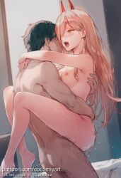 1boy 1girl 2026 ai_generated arms_around_neck ass barefoot black_hair blonde_hair blush breasts chainsaw_man cocomiyart completely_nude cross-shaped_pupils demon_horns faceless_male hetero highres horns hug indoors leg_lock long_hair looking_at_another motion_lines nipples nsfw nude open_mouth orange_eyes power_(chainsaw_man) red_horns saliva sex sharp_teeth short_hair small_breasts standing suspended_congress sweat symbol-shaped_pupils teeth uncensored vaginal