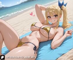 1girls ai_generated beach big_breasts bikini blonde-haired_female blonde_hair fairy_tail golden_bikini lucy_heartfilia lying smile