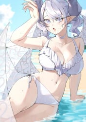 1girls :o armpits arms_up beach beach_background bikini curvy day earrings female female_only fringe hi_res horns kazu_meshi konami labrynth_of_the_silver_castle light_skin lovely_labrynth_of_the_silver_castle lying lying_on_side navel one_arm_up outside panties pointy_ears pose princess queen safe silver_eyes solo summer sweat swimsuit thighs twin_drills twintails underwear white_hair white_panties wings younger_female yu-gi-oh!