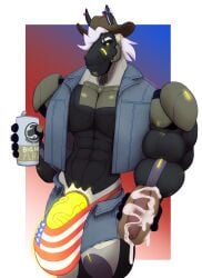 abs absurd_res alex_(alexchocchip) alexchocchip anthro big_penis bodily_fluids clothed clothing cum cum_on_food cybernetics cyborg digital_media_(artwork) equid equine flaccid_bulge food genital_fluids genitals glowing glowing_eyes glowing_genitalia glowing_penis hair hi_res horse looking_at_viewer machine male mammal muscular muscular_anthro muscular_male penis simple_background solo