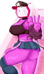 1girls ass_focus atuxus(r) big_ass big_breasts cap clothing female female_only forsaken_(roblox) hi_res huge_breasts looking_at_viewer pink_body pink_eyes pink_skin roblox roblox_game robloxian robot robot_girl self_upload smiling thick_thighs tv_head veeronica