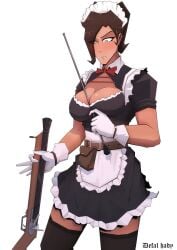 artist_name bella belt big_breasts blush bowtie brown_hair bullet_belt dark-skinned_female defal_hady_(artist) flintlock holding_rifle holding_weapon large_breasts maid maid_apron maid_gloves maid_headdress maid_outfit maid_uniform mature_female musket oc original original_character rifle sweat twintails waist_bag watermark yellow_eyes