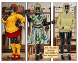 1girl 1girls blindfold blindfolded bondage comic comic_page drone drone_suit drone_transformation droneification dronesuit femsub latex latex_bodysuit latex_hood latex_suit masked masked_female tagme_(artist)