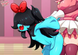 aqua_(deltarune) arms_behind_back arms_held_back ass bangs bangs_over_eyes big_breasts black_hair blue_skin cum cum_drip cum_in_pussy cum_inside cum_on_ass cum_on_body deltarune deltarune_chapter_5 dress excessive_cum female female_focus female_penetrated futa_on_female futanari long_hair mad_mew_mew mew_mew_(undertale) pink_dress pink_hair size_difference thick_thighs thighs vampy_squid