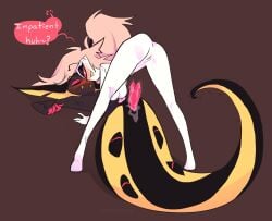 1boy 1girls 2025 4_fingers anthro ass blush brown_background cherri_bomb cherri_bomb_(hazbin_hotel) demon demon_girl dialogue diphallia diphallism dominant_female english_text fangs female grin hazbin_hotel heavy_blush hi_res imminent_sex male mythiilewdii naga narrowed_eyes nude nude_female nude_male penis pussy serpentine simple_background sir_pentious_(hazbin_hotel) smile snake speech_bubble vivienne_medrano white_body x-shaped_pupils