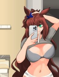 bathroom big_breasts bra brown_hair brushing_teeth calvin_klein cellphone curvy female female_only green_eyes hand_on_head horse horse_ears horse_girl large_breasts long_hair maruzensky_(umamusume) mirror mirror_selfie naokamaaa panties scratching_head shirt_lift smartphone taking_selfie toothbrush toothbrush_in_mouth umamusume umamusume_pretty_derby