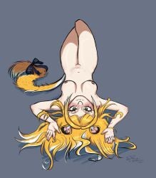big_breasts big_thighs blue_bow blush blush_lines blushing blushing_at_viewer blushing_female elbows golden_hair golden_tail green_eyes ju_fufu ju_fufu_(zenless_zone_zero) long_hair nsfw pale-skinned_female pale_skin red_nipples skinny_female tail thin_arms thin_female thin_waist tiger_ears tiger_girl tiger_tail waist zzz