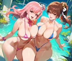 2d 2girls ai_generated big_breasts bikini blue_bikini brown_hair day dead_or_alive honoka_(doa) kasumi_(doa) large_breasts looking_at_viewer micro_bikini multiple_girls navel outdoors pink_bikini pink_hair ponytail tagme water