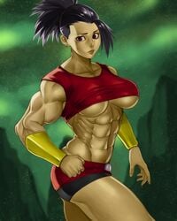 1girls abs bare_shoulders black_eyes black_hair breasts busty dark-skinned_female dark_skin djok3 dragon_ball dragon_ball_super earrings female kale large_breasts looking_at_viewer muscles muscular muscular_female navel ponytail purple_eyes saiyan short_hair solo spiky_hair underboob