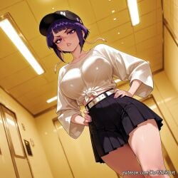 1girl 2026 ai_generated anime bangs baseball_cap belt black_headwear black_skirt blunt_bangs boku_no_hero_academia boobs breasts ceiling ceiling_light cleavage collarbone covered_nipples crossover eye_contact female female_focus from_below hands_on_hips hat highres huge_breasts indoors inside jirou_kyouka kyoka_jiro large_breasts long_sleeves looking_at_viewer low_angle midriff my_hero_academia nail_polish navel nsfw parted_lips patreon patreon_username pleated_skirt purple_eyes purple_hair purple_nails rognezart shirt short_hair skirt solo sweatdrop thick_thighs thighs tied_shirt watermark web_address white_belt white_shirt